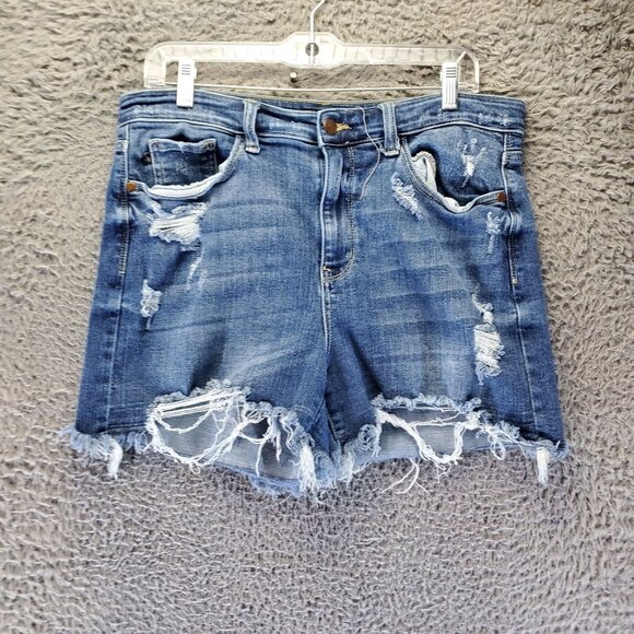 Judy Blue Shorts Womens XL Blue Distressed Denim High Rise Raw Hem Stretchy - Picture 1 of 12